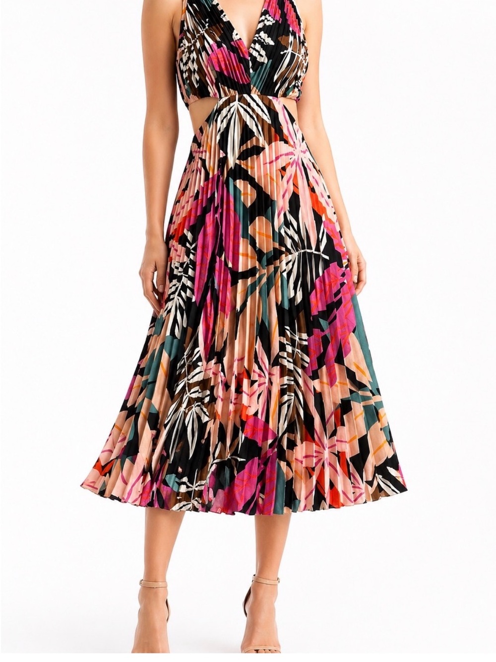 MELLODAY Tropical Cutout Halter Dress in Pink, Black & Green